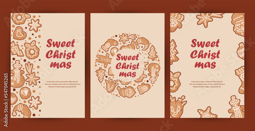 Templates with gingerbread cookies for Holiday Baking Party, Invitation for Cookie decoration celebration, Cookie exchange, Christmas greeting card. Place for text. Vector illustration.