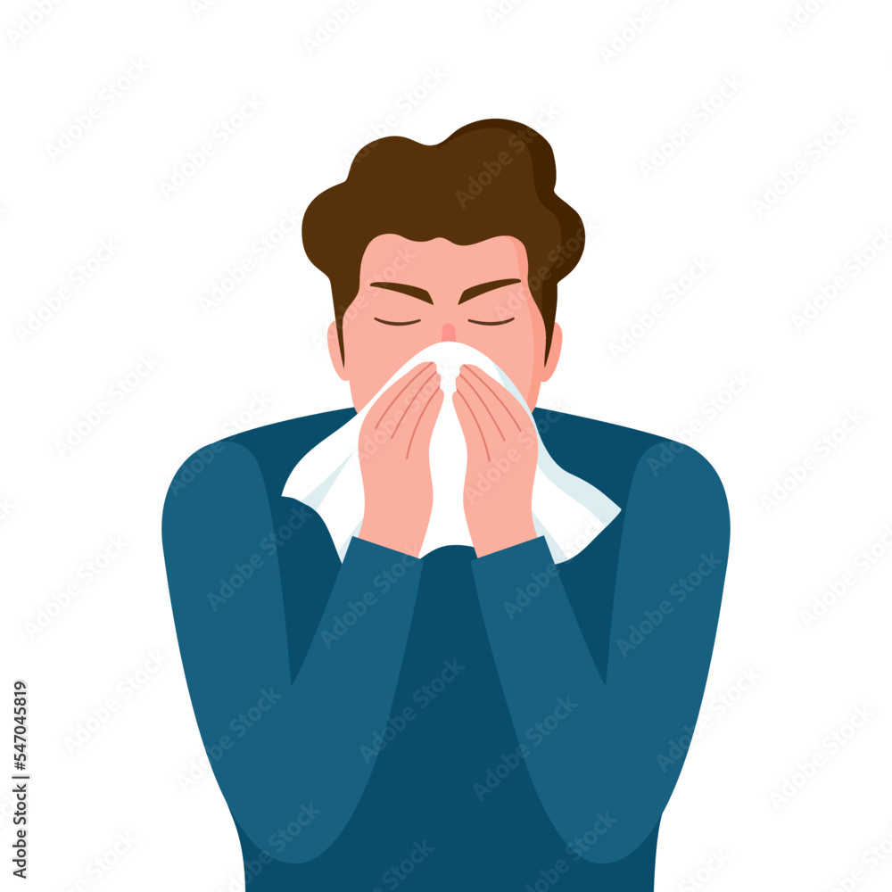 Sneezing man concept vector illustration on white background. A man sneezing in handkerchief. Sick man sneeze. Season allergy. Sneezing man concept vector illustration on white background. A man sneezing in handkerchief. Sick man sneeze. Season allergy.