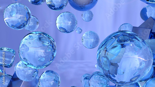 Realistic glass bubbles with burst light and giant Transparent spheres in 3D illustration