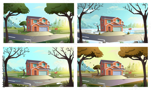 Cartoon vector illustration modern cottage house among trees in the green countryside field outside of the town. in four seasons, winte, spring, summer and autumn.