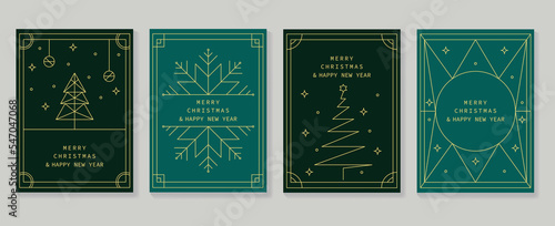Set of luxury christmas and new year card art deco design vector. Bauble, snowflake, sparkle, christmas tree with gold line art. Design illustration for cover, greeting card, print, post, website.