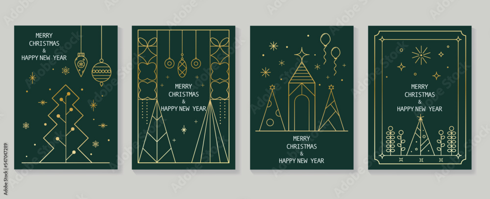 Set of luxury christmas and new year card art deco design vector. Elegant gradient gold line art of geometric christmas tree, bauble, balloon. Design for cover, greeting card, print, post, website. - obrazy, fototapety, plakaty 