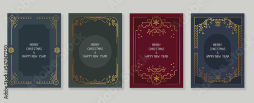 Set of luxury christmas and new year card art deco design vector. Elegant element gradient gold line art of snowflake, holly, gatsby style frame. Design for cover, greeting card, print, post, website.