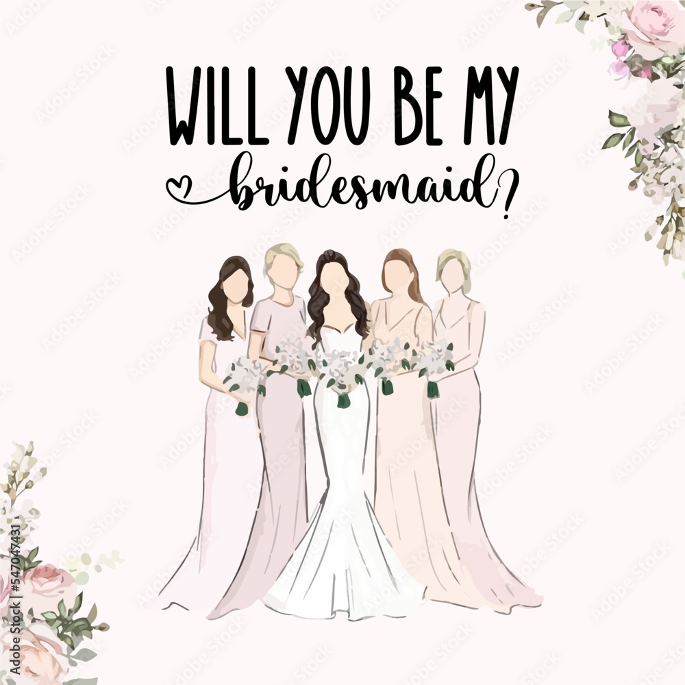 Will you be my bridesmaid invitation card design. Hand drawn watercolor vector illustration. 