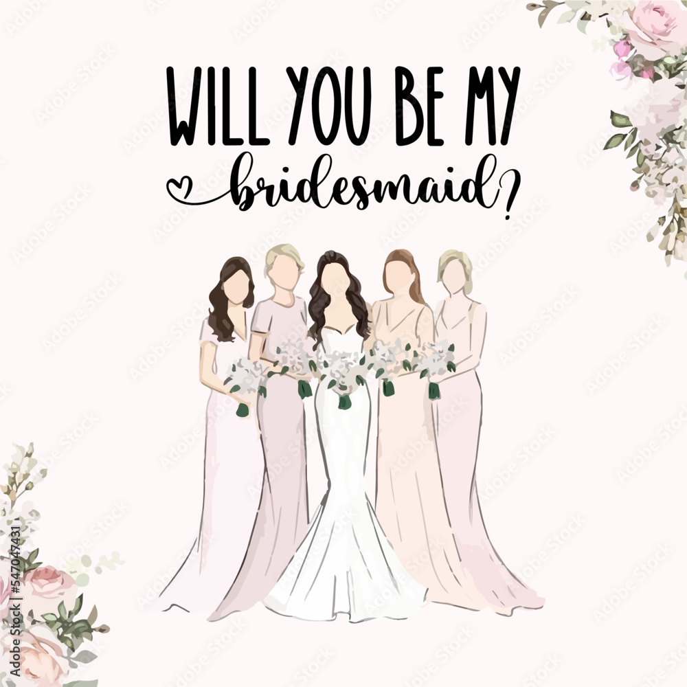 Will you be my bridesmaid invitation card design. Hand drawn watercolor vector illustration. Will you be my bridesmaid invitation card design. Hand drawn watercolor vector illustration.