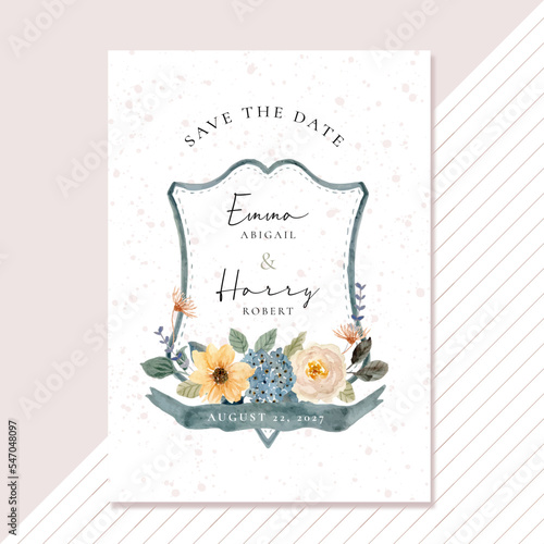 save the date card with watercolor floral wedding crest