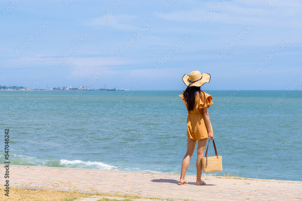 Obraz premium Tourist woman in the sand beach