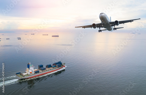 Transportation of cargo planes and container ships Industrial logistics business, import and export Global business and transportation concept