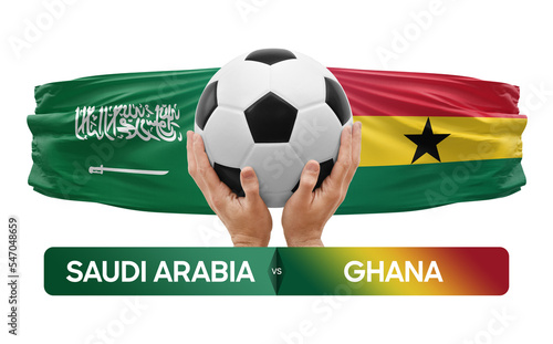 Saudi Arabia vs Ghana national teams soccer football match competition concept. © prehistorik