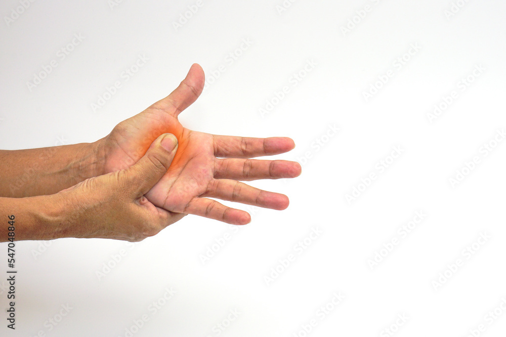 Hand of a woman suffering from palm pain on white background with clipping path. Healthcare and office syndrome concept.