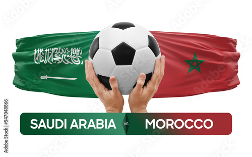 Saudi Arabia vs Morocco national teams soccer football match competition concept. © prehistorik