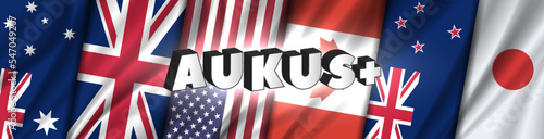 Vector wide banner. Military political defense alliance. 3D inscription AUKUS + against the background of wavy flags of Australia, United Kingdom, USA, Canada, New Zealand and Japan