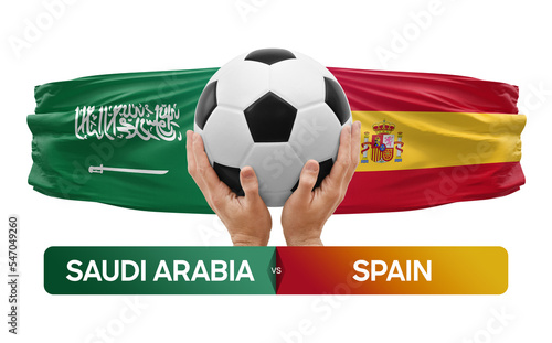 Saudi Arabia vs Spain national teams soccer football match competition concept. © prehistorik