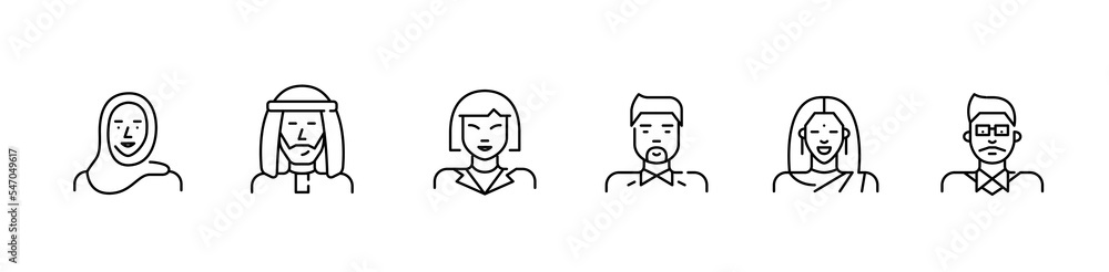 Asian people avatar profile icon. Arabic muslims, Chinese and Indian ethnicity. Pixel perfect, editable stroke line