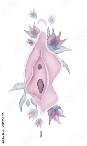 Yoni illustration with flowers. Vulva image of female reproductive system , flower illustration on a white background, Feminism vector watercolour picture, body positivity vagina.