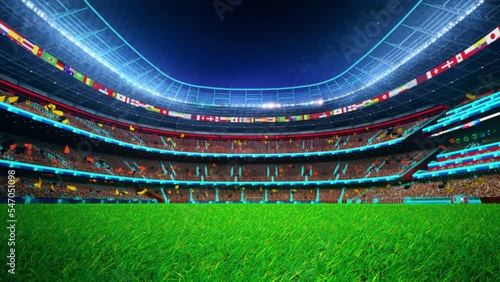 Flying On Grass In Stadium Night is motion footage for FIFA World Cups and cinematic in football. Also good background for scene and titles, logos. 