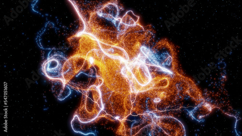 Futuristic space particles in bright chaotic energy structure. space VFX design element. Abstract colorful lights background animation energy ray of power electric magnetic. 3D illustration