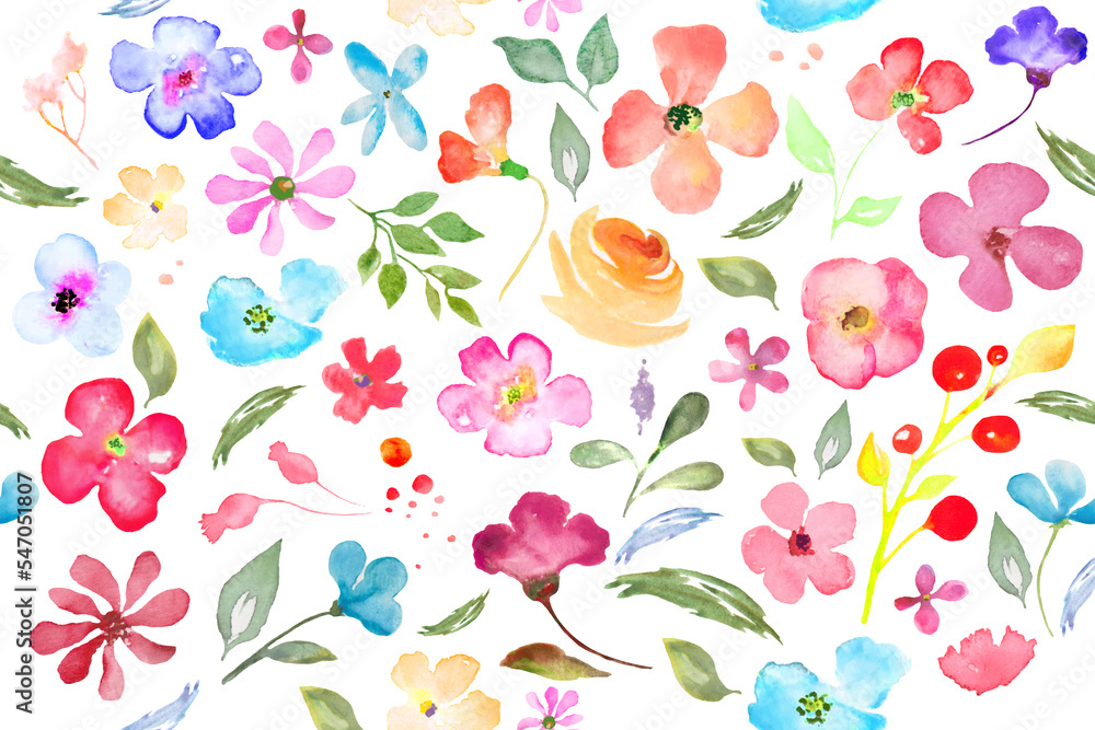 Watercolor seamless pattern with abstract bright flowers, leaves. Hand drawn floral illustration isolated on white background. For packaging, wrapping design or print.