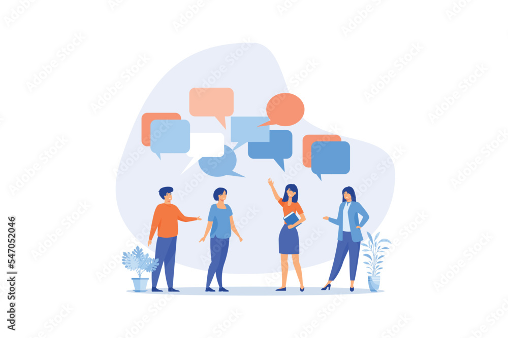 Discussion, conversation or brainstorming for idea, meeting, debate or team communication, colleague chatting, opinion concept, flat vector modern illustration Discussion, conversation or brainstorming for idea, meeting, debate or team communication, colleague chatting, opinion concept, flat vector modern illustration