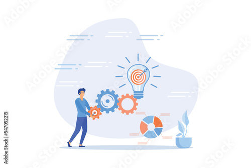 Project initiation or project execution, research or implement business idea to see result, effort to develop idea and business goal concept, flat vector modern illustration