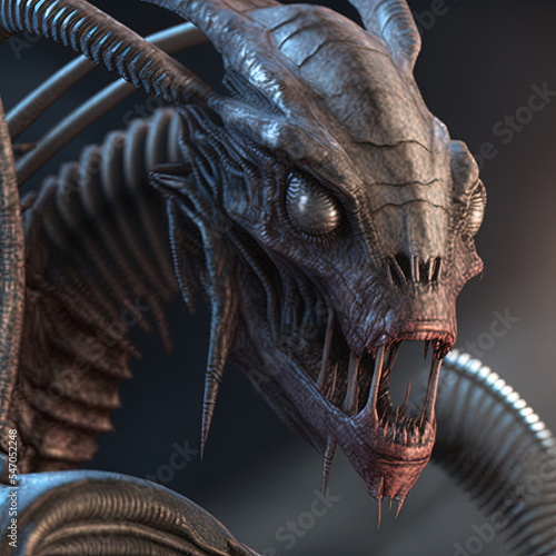 A realistic alien creature breaks out of a laboratory 3D illustration