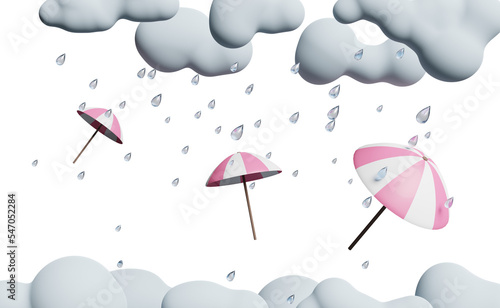 rain cloud with umbrella, drop rain water in the rainy season isolated. concept 3d illustration or 3d render.
