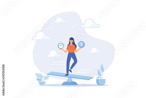 Time and money balance, weight between work and life, long term investment or savings, control or make decision concept, flat vector modern illustration