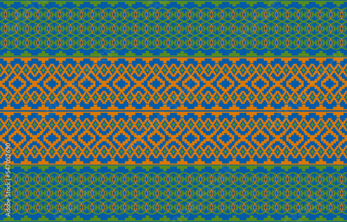 Tribal ethnic seamless pattern geometric elements. Design fabric pattern color blue green and orange. Design perfect for textile, wrapping paper, wallpaper, background, batik, fabric, illustration.