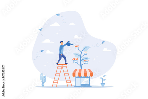 Growing business or expand shop, entrepreneur to start business building company, raising or expanding business concept, flat vector modern illustration © Alwie99d