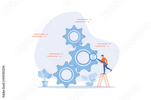 Analyze problem to fix the process, solving business issue for smooth workflow, project management or development concept, flat vector modern illustration