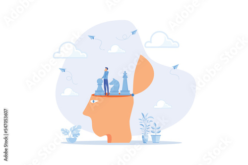 Strategic thinking to get business solution and win competition, leadership challenge to think about new idea, intelligence or wisdom for success, flat vector modern illustration