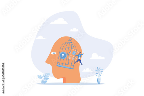 Freedom, break free from prison of thinking, inspiration or think out of the box, psychology or mental therapy, emotional concept, flat vector modern illustration