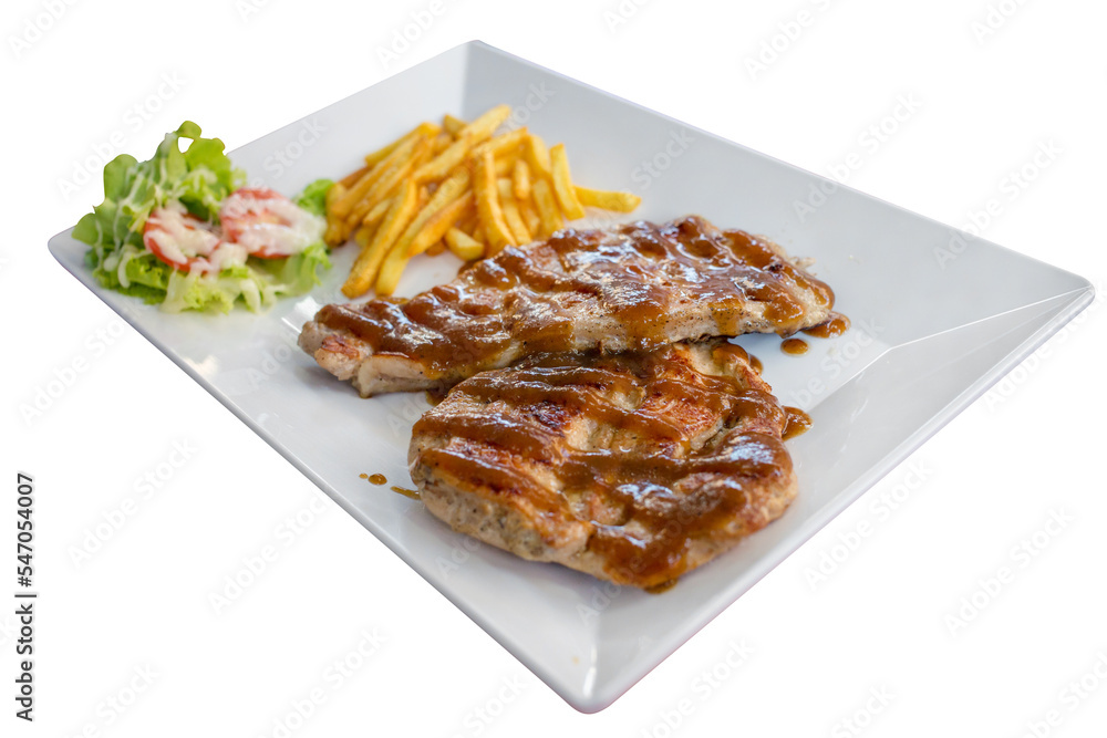 Top view of pork steak with french fried and Kraft in white plate, focus selective