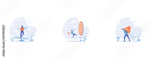 Time and money balance, Focus on business goal, Debt burden, set flat vector modern illustration