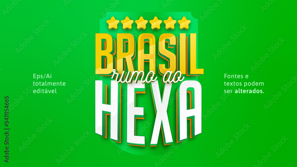 Αυτοκόλλητο Selo Brasil rumo ao hexa estilo 3d em vetor totalmente editável nas cores verde e amarelo para copa do mundo