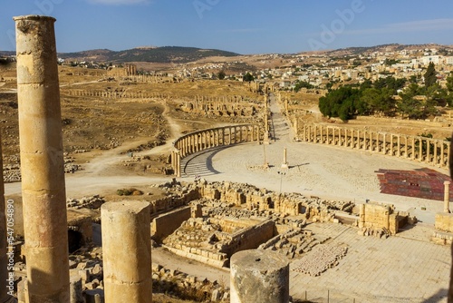 Oval Forum and Cardo Maximus in ancient Roman city Jerash in Jordan