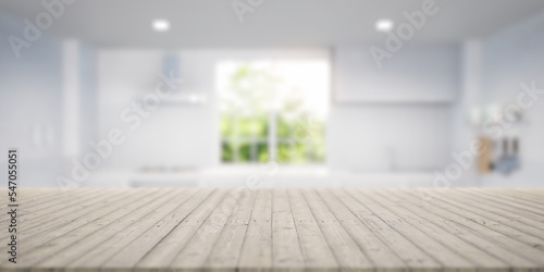 3d rendering of wood counter, table top. Include blur kitchen, light from window and nature. Modern interior design in perspective. Empty space with wooden texture pattern at surface for background.
