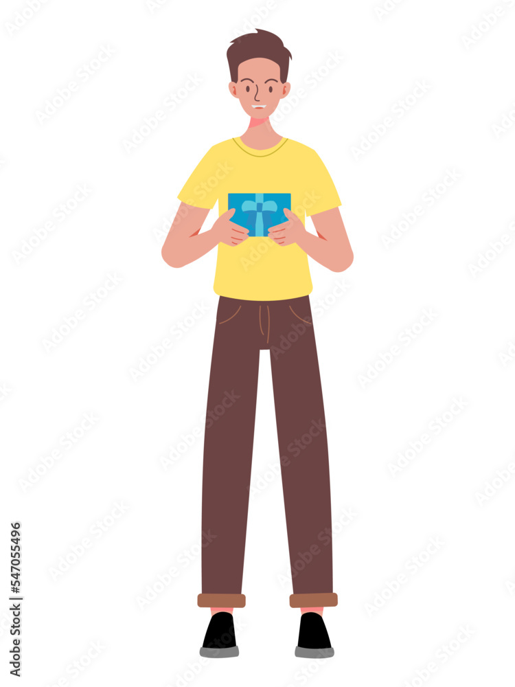 flat vector, cartoon style illustration, happy man holds gift box in his hand flat vector, cartoon style illustration, happy man holds gift box in his hand