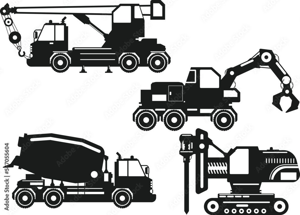 Truck excavator set isolated vector Silhouette Truck excavator set isolated vector Silhouette