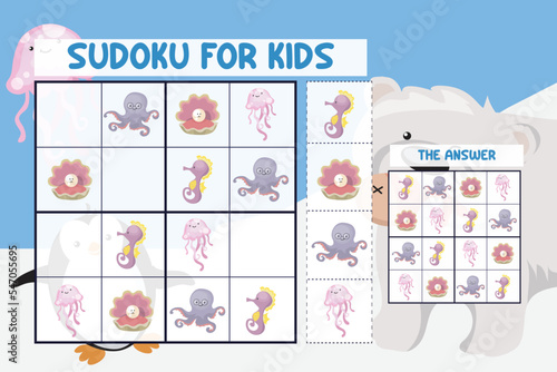 Printable Sudoku game for kids with animal theme. Brain exercise game for kids. Printable puzzle game for preschool. Vector illustration file.