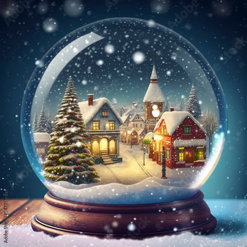 winter wonderland with little town and Christmas tree inside a snow globe , snowing, festive.  © vuang