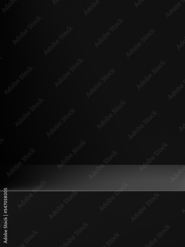 Empty black shelf table desktop display on blank 3d background product template with modern interior stand space object or advertising presentation showcase illustration backdrop dark floor room wall. Empty black shelf table desktop display on blank 3d background product template with modern interior stand space object or advertising presentation showcase illustration backdrop dark floor room wall.