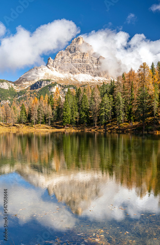 Beautiful autumn landscape in the mountains - lago antorno in italian dolomites