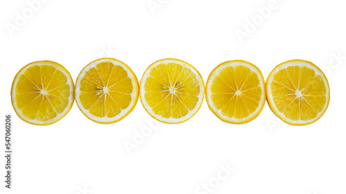 slices of lemon lie in a row isolated on white background