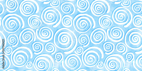Tranquil blue seamless playful hand drawn kidult pinwheel squiggly line spiral doodle fabric pattern. Cute watercolor swirl background texture. Boys birthday, baby shower or nursery wallpaper design.