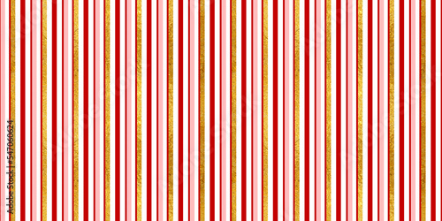 Christmas seamless pattern of red and white vertical candy cane pin stripes or lines with shiny gold leaf foil background. Beautiful xmas or winter holiday wrapping paper, craft texture or backdrop.
