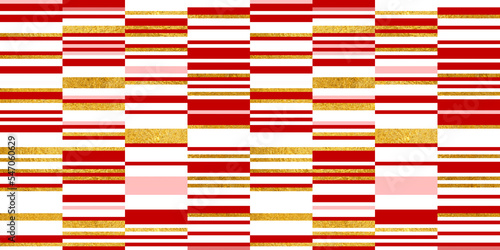 Christmas seamless pattern of red and white horizontal peppermint candy cane stripes with shiny gold leaf foil background. Beautiful xmas or winter holiday wrapping paper, craft texture or backdrop.