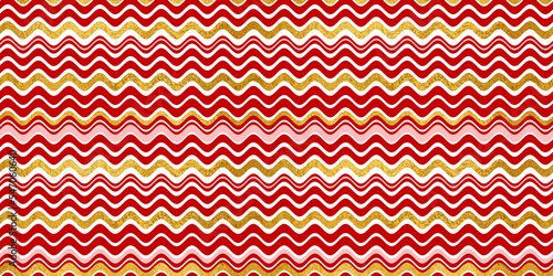Christmas seamless pattern of red and white wavy horizontal candy cane stripes with festive shiny gold leaf foil background. Beautiful xmas or winter holiday wrapping paper, craft texture or backdrop.