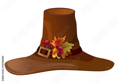 Decorated with leaves and berries, a brown wizard or pilgrim hat for Thanksgiving and Halloween holidays