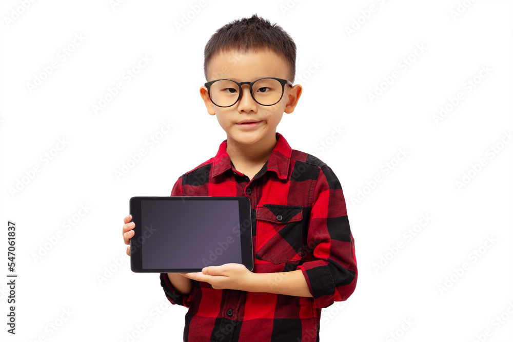 Kid holding tablet to present, wearing eyeglasses and red shirt Kid holding tablet to present, wearing eyeglasses and red shirt